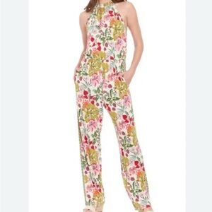 Red and Green Floral mock neck sleeveless Jumpsuit‎ with Fitted Bodice 10